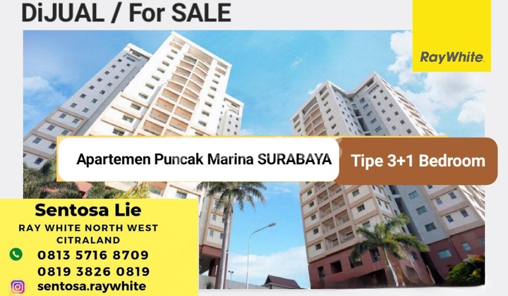 Murah Dijual Apartemen Puncak Marina Tipe 3+1 Bedroom - Tower 1 - Kosongan Plus Balkony Akses Plaza Marina 