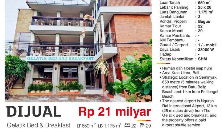 Dijual Cepat Hostel Lokasi Strategik Di Kawasan Seminyak Bali Dekat Pantai, Kota Denpasar, Airport, Dan Seminyak City Center. Harga Nego. 1