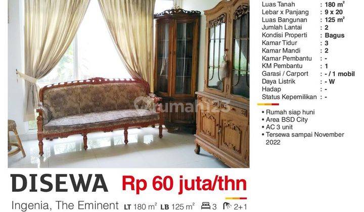 Disewa Rumah 2 Lantai Semi Furnished di Cluster Ingenia, Bsd 2