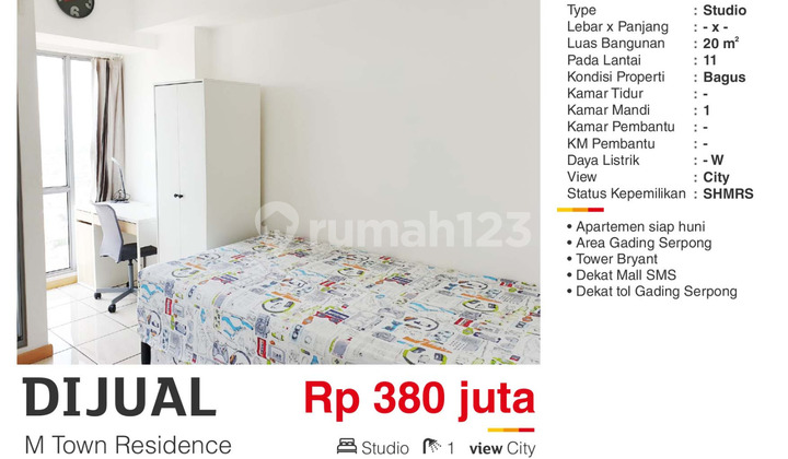 Dijual Apartemen Studio Furnished Siap Huni Sebrang SMS Mall