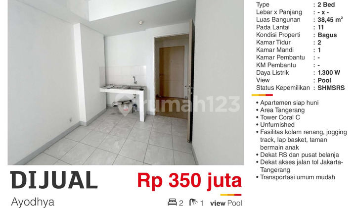 Dijual Apartemen 2BR Unfurnished SHM di Ayodhya Tangerang Kota