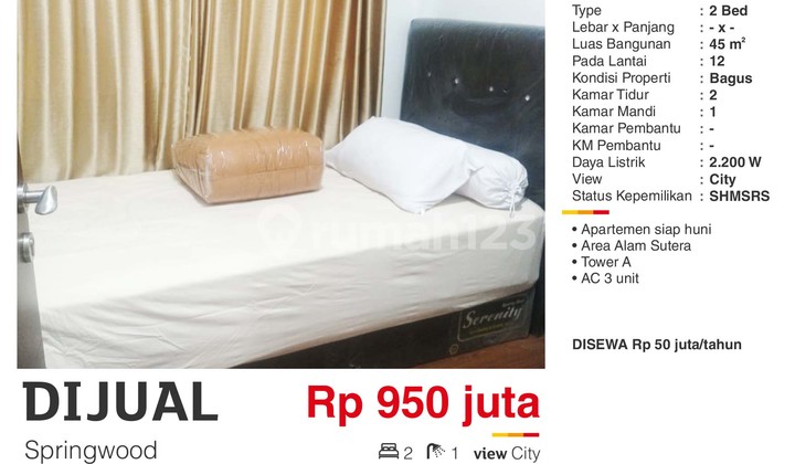 For Sale 2BR Apartment SHM Furnished Near Alam Sutera Tangerang