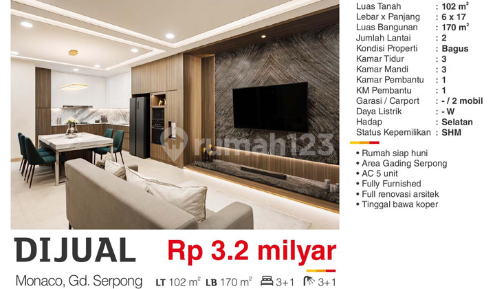 Dijual Rumah Full Furnish Terenovasi SHM di Monaco Gading Serpong Dijual Rumah Full Furnish Terenovasi SHM di Monaco Gading Serpong