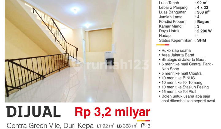 Dijual Ruko Siap Usaha 4 Lt SHM Strategis di Tanjung Duren JakBar