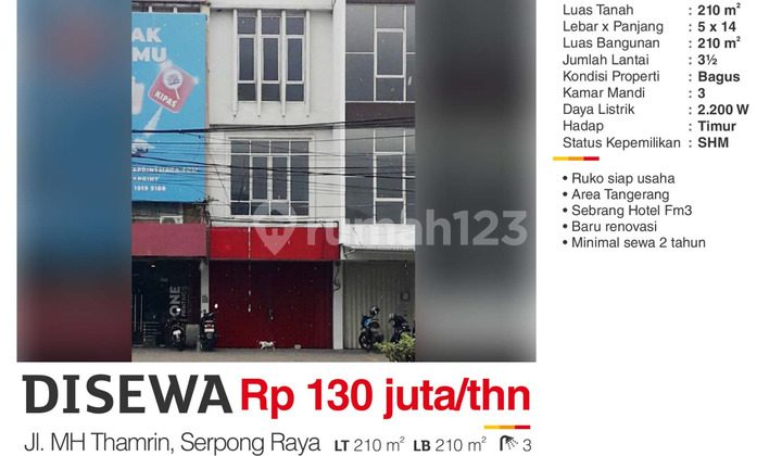Disewa Ruko 3 Lantai Terenovasi Tepi Jalan Serpong Raya Tangerang
