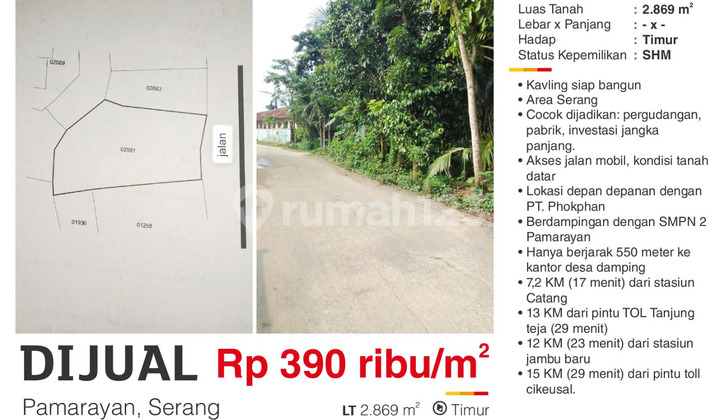 For Sale, Flat Land in Front of Phokphan Factory, Pamarayan Serang. For Sale, Flat Land in Front of Phokphan Factory, Pamarayan Serang.