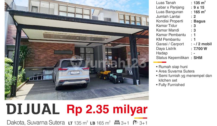 Dijual Rumah SHM Semi Furnish di Dakota, Suvarna Sutera Tangerang