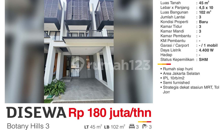 Disewa Rumah Minimalis Modern 3 Lantai Botany Hills Fatmawati  