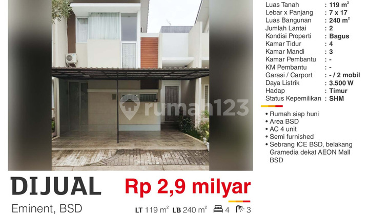 Dijual Rumah 2 Lantai Semi Furnish Cluster Eminent Dekat Aeon BSD