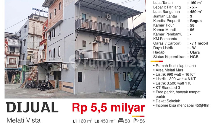 Dijual Rumah Kost 3 Lantai Siap Usaha di Melati Vista Tangsel