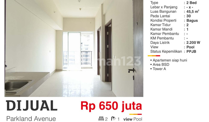 Dijual Apartemen 2BR Unfurnished Bagus di Parkland Avenue BSD