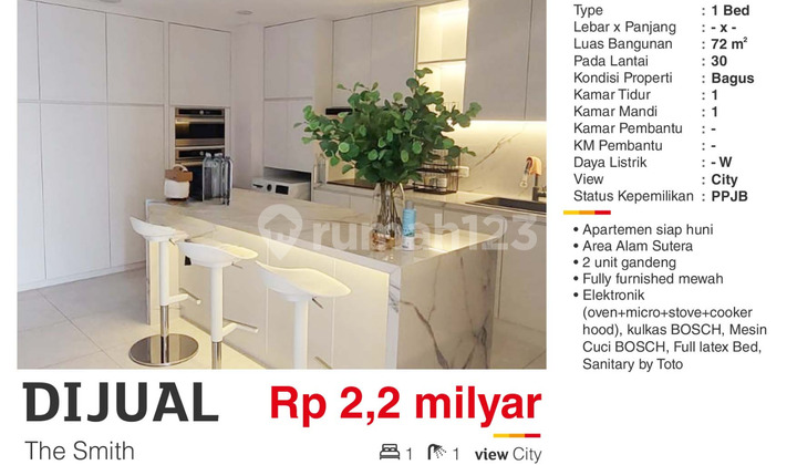 Dijual Apartemen 1BR Furnish Mewah Bsgus The Smith Alam Sutera 1