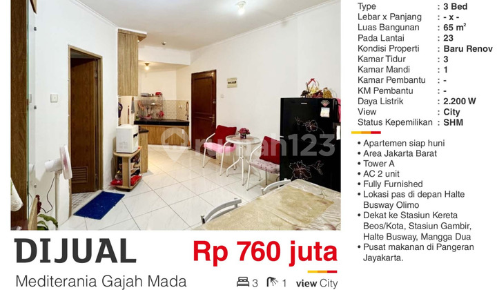 Dijual Apartemen 3Br Furnished Bagus Mediterania Gajah Mada Jakpus