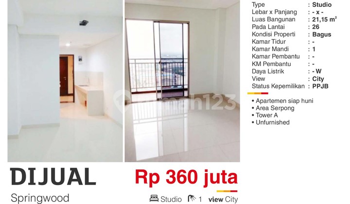 For Quick Sale Unfurnished Studio Apartment Near BiNus Alam Sutera