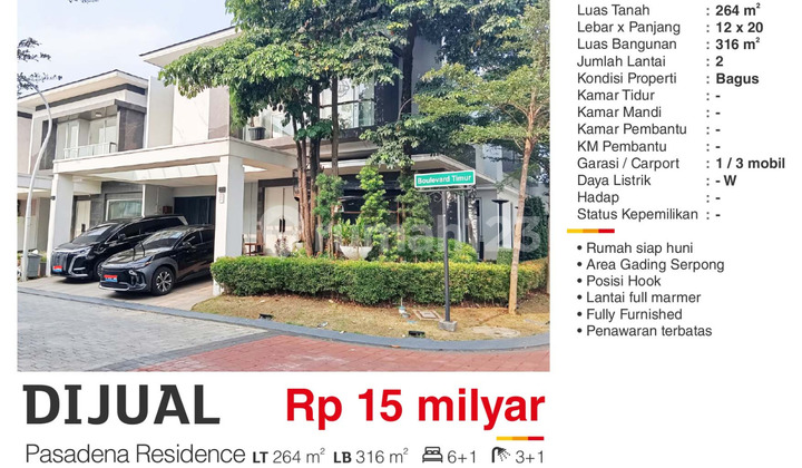 Dijual Rumah Mewah Hoek Furnish Cluster Pasadena Gading Serpong 