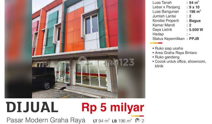 Dijual Ruko Gandeng 2 Lantai Siap Usaha di Graha Raya Bintaro 1