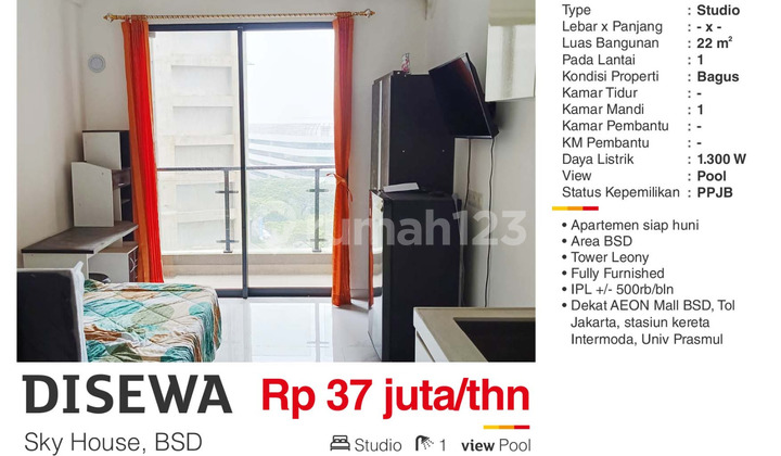For Rent Furnished Studio Apartment Ground Floor Near Aeon Mall BSD For Rent Furnished Studio Apartment Ground Floor Near Aeon Mall BSD