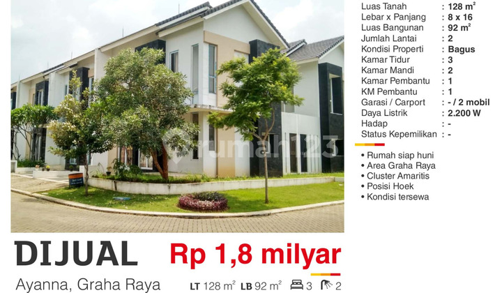 Dijual Rumah Siap Huni 2 Lantai Bagus Hoek Ayanna di Graha Raya Dijual Rumah Siap Huni 2 Lantai Bagus Hoek Ayanna di Graha Raya