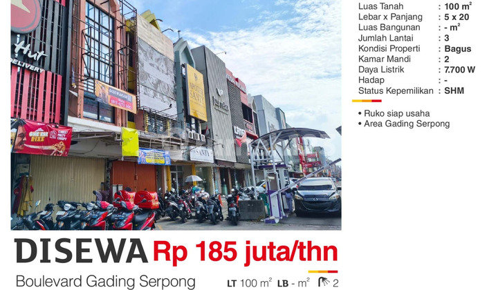 Disewa Ruko 3 Lt. Strategis Hadap Jalan Utama di Gading Serpong