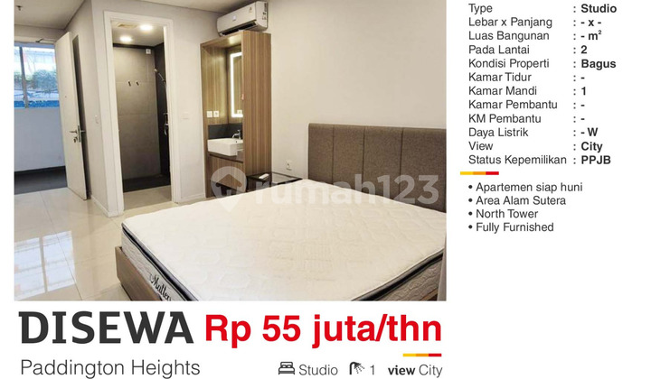Disewa Apartemen Studio Furnish 2nd Fl. Sebelah BiNus Alam Sutera
