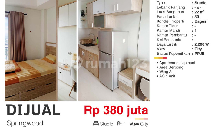 For Sale Furnished Studio Apartment Springwood Cheap Near BiNus AlSut For Sale Furnished Studio Apartment Springwood Cheap Near BiNus AlSut