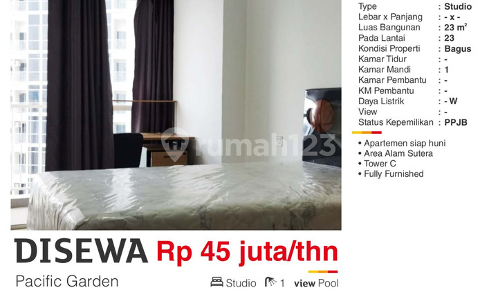 Disewa Apartemen Studio Full Furnish  PG Dekat BiNus Alam Sutera