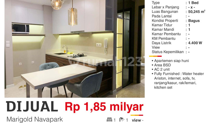 Dijual Apartemen 1BR Marigold Navapark Full Furnished di BSD
