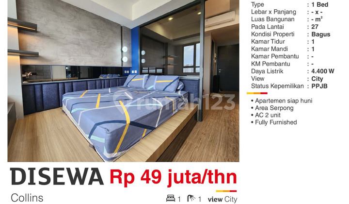 For Rent 1BR Furnished Apartment in Collins Near Gading Serpong and AlSut.