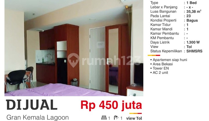 Dijual Apartemen 1BR Furnished SHM di Gran Kemala Lagoon Bekasi  2