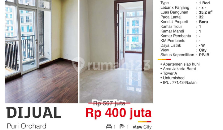 Dijual Apartemen 1BR Unfurnish Murah Puri Orchard Jakarta Barat