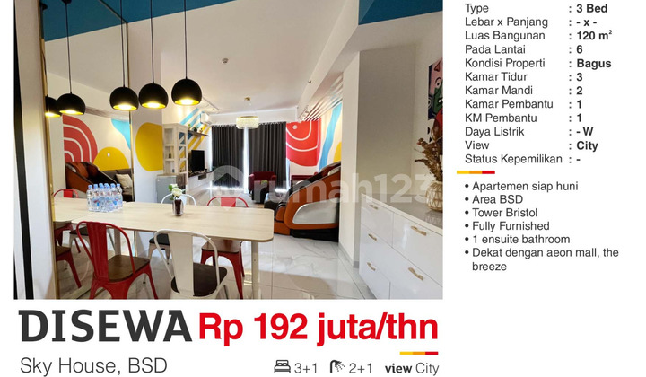 For Rent 3BR Furnished Apartment Low Floor Near Aeon, Sky House BSD For Rent 3BR Furnished Apartment Low Floor Near Aeon, Sky House BSD