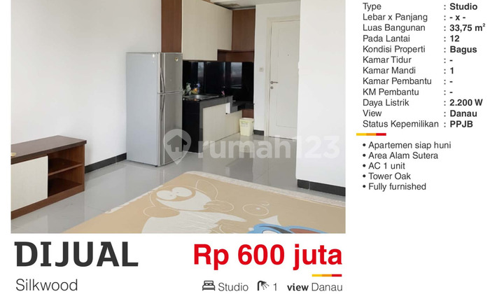 Dijual Apartmen Studio Furnish View Danau Dekat BiNus Alam Sutera