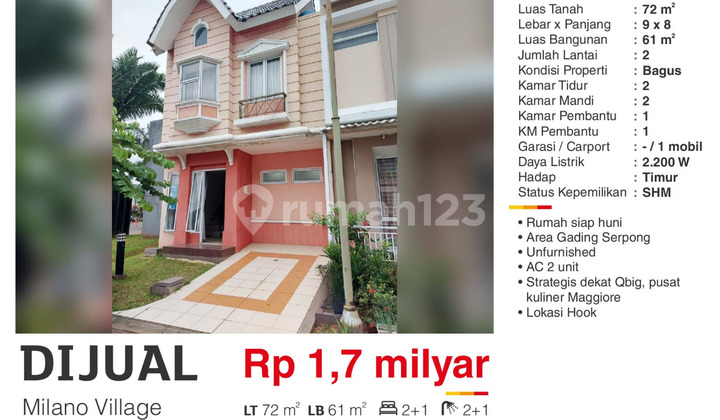 Dijual Rumah Modern Minimalis Hoek Milano Village Gading Serpong