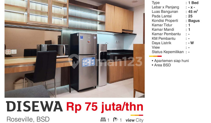 For Rent 1 BR Nice Fully Furnished Apartment in Roseville BSD For Rent 1 BR Nice Fully Furnished Apartment in Roseville BSD