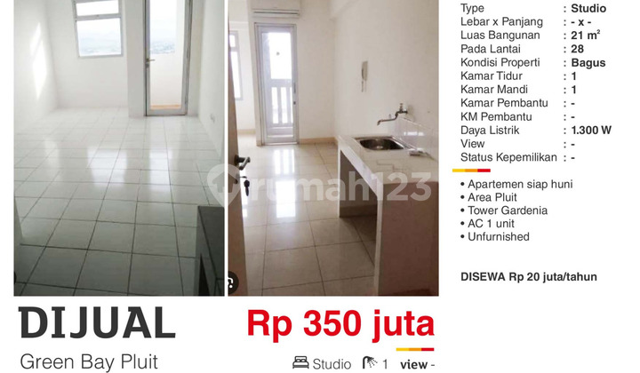 Dijual Apartemen Studio Unfurnished Green Bay Pluit Jakarta Utara