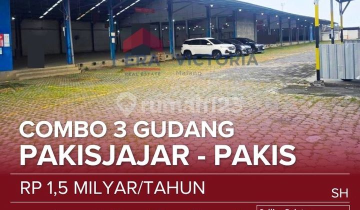 Warehouses A, B, C for rent. There are 3 rows of warehouses, each available for lease. Located in an industrial and warehouse area with access for large vehicles, near Pakis Toll Exit. Suitable for various businesses, logistics, production warehouses, and others.