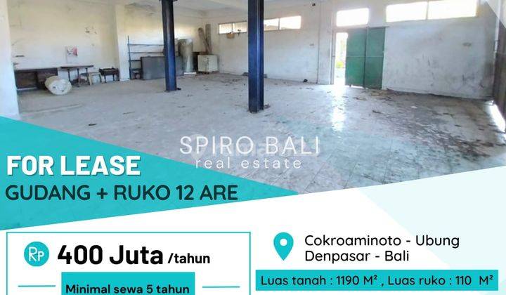Disewakan Gudang + Ruko 3 Lantai Seluas 12 Are di Cokroaminoto Ubung 1