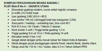 Disewakan Gudang Hook Ukuran Bangunan Ukuran 3,000M2 Kawasan Pergudangan Pluit 2