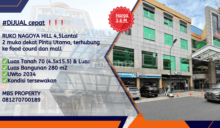 DiJUALcepat RUKO NAGOYA HILL 4,5Lantai (2 muka) dekat Pintu Utama, terhubung ke food courd dan mall 1