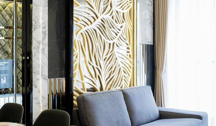ruang tamu full furnished interior mewah gold