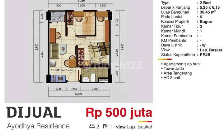  Apartemen Ayodhya Residences 2 Kamar Tidur Furnished Baru 1