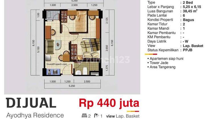  Apartemen Ayodhya Residences 2 Kamar Tidur Semi Furnished Bagus 1