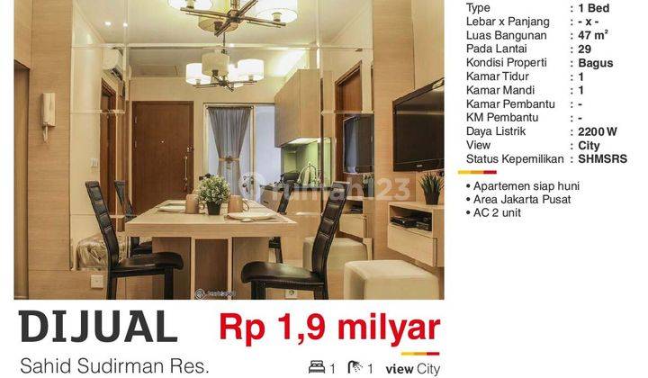  Apartemen Sahid Sudirman Residence 1 Kamar Tidur 1