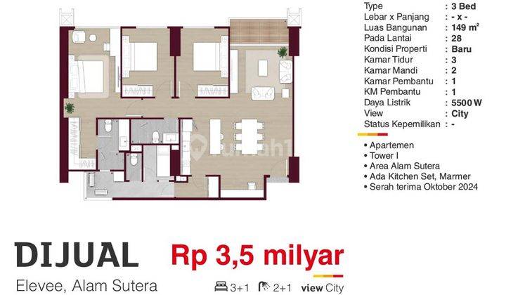  Apartemen Elevee Penthouses & Residences 3 Kamar Tidur 1