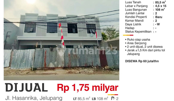  Ruko Di Jl. Hasanrika di Jelupang 1