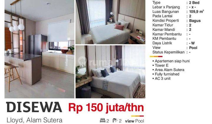  Apartemen Lloyd Alam Sutera 2 Kamar Tidur 2