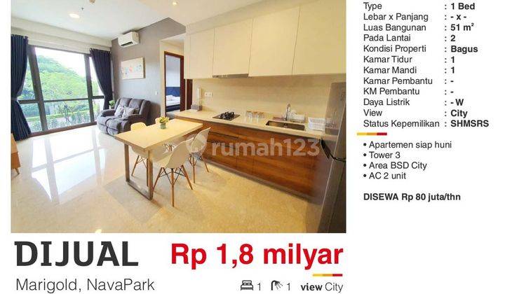  Apartemen Marigold Nava Park 1 Kamar Tidur 1