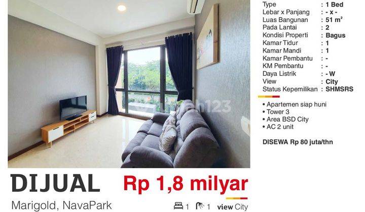  Apartemen Marigold Nava Park 1 Kamar Tidur 2