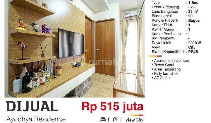  Apartemen Ayodhya Residences 1 Kamar Tidur 2