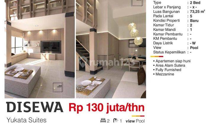  Apartemen Yukata Suites 2 Kamar Tidur Furnished 1